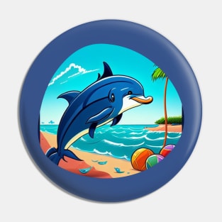 Happy blue dolphin playing on the beach Pin