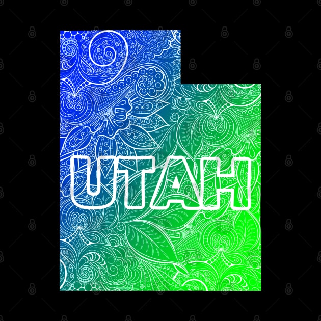 Colorful mandala art map of Utah with text in blue and green by Happy Citizen