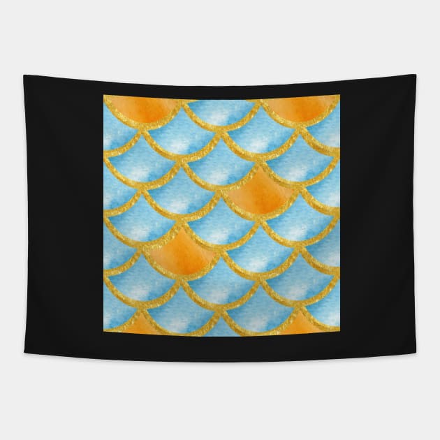 Mermaid Pattern Gold Blue Random Orange Tapestry by ArtInPi