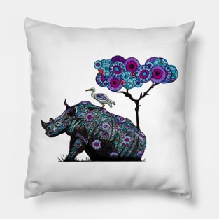 Rhino and Cattle Egret under Acacia tree Pillow