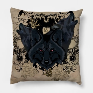 Awesome dark wolves with birds Pillow