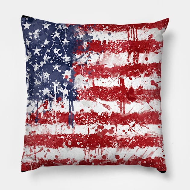 USA Flag Action Painting - Messy Grunge Pillow by GAz