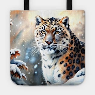 A Proud Snow Leopard Went Hunting, in the Snowy forest, Hight Mountains, Snow Falling, Winter Landscape, Wildlife White Panthera, Watercolor Tote