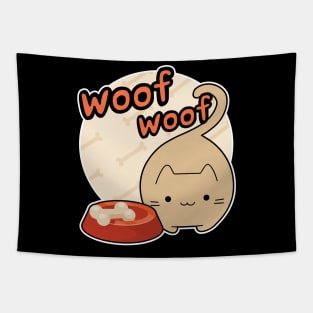 Woof Woof Cat Barking Bone in the Bowl Contradiction Cartoon Tapestry