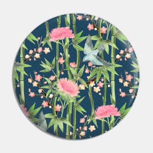 Bamboo, Birds and Blossom - dark teal Pin