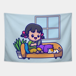 Cute Girl Operating Phone With Cat Cartoon Tapestry