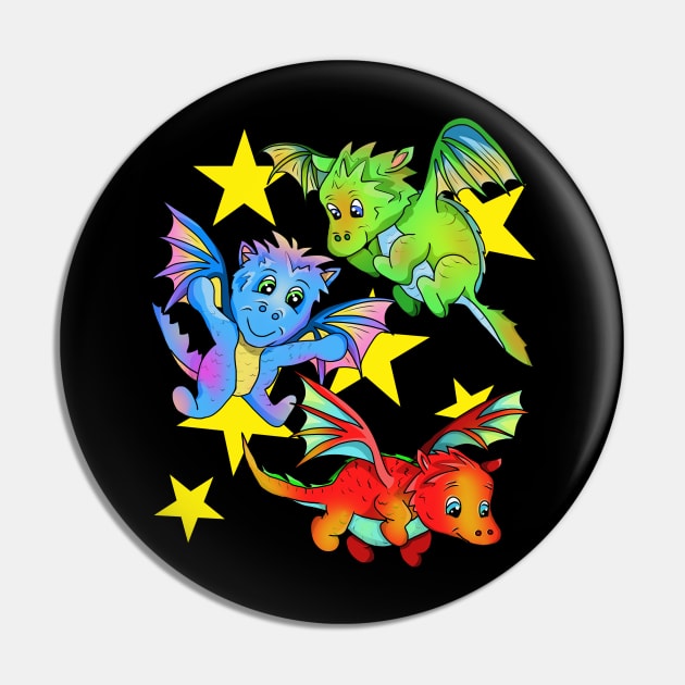 3 Baby Dragons Flying in a Starry Sky Pin by cuisinecat