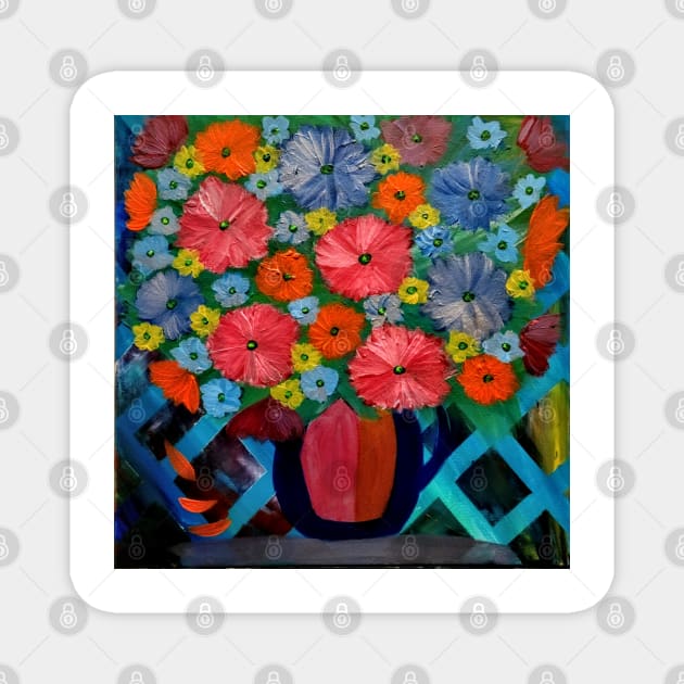 Colorblock layered background and mixed flowers in Bright colors in a vase Magnet by kkartwork