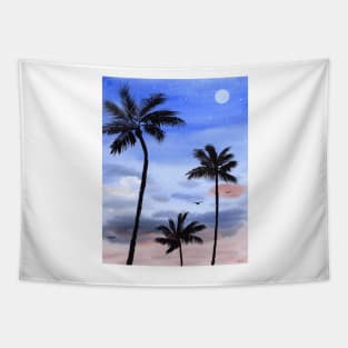 Palm Trees at Night Watercolor Art Tapestry