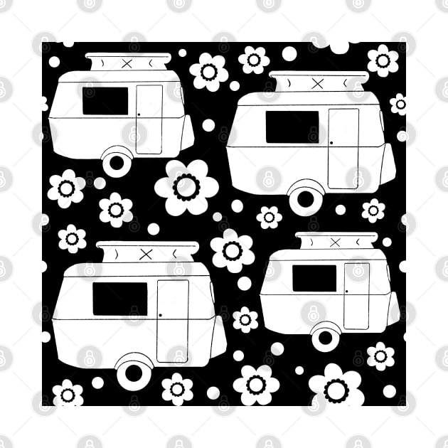 Daisy Polka Dot Vintage Caravan Pattern in Black and White by NattyDesigns
