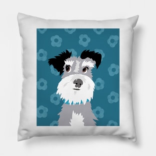 Salt and Pepper Miniature Schnauzer on Blue Daisy Background Pillow