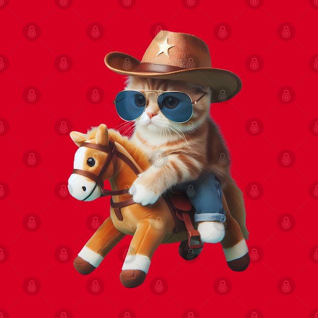 A cat wearing sunglasses and a cowboy hat riding a toy horse by maricetak