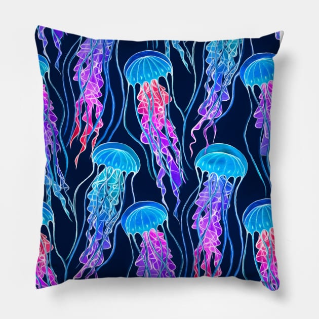 Luminescent Rainbow Jellyfish on Navy Blue Pillow by micklyn