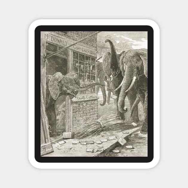 Elephants running amok in the city 1900 Magnet by artfromthepast