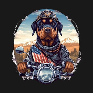 A majestic patriotic t-shirt design with a Rottweiler Dog on a touring motorcycle T-Shirt