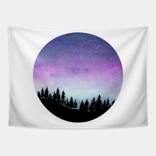 Purple and Blue Galaxy Sky - Watercolour Landscape with Tree Silhouette Tapestry