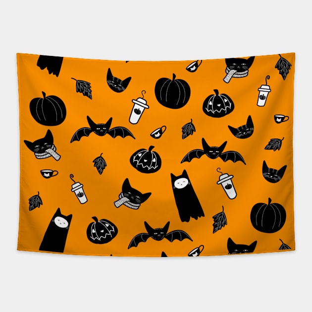 Spooky Cats and Bats and Coffee Tapestry by KilkennyCat Art