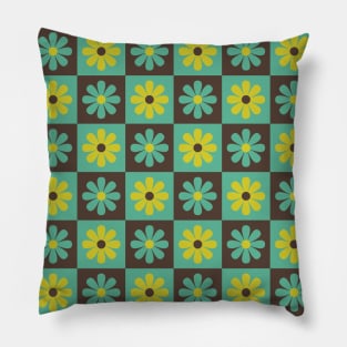 Teal Mod Flower Checkers Pillow