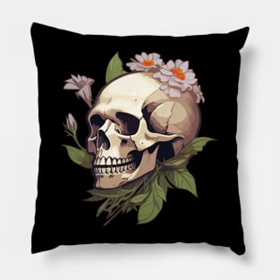 Bones And Botany Skull and Flowers design Pillow