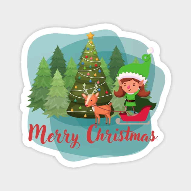 Merry Christmas, elf and reindeer Magnet by Paciana Peroni