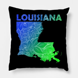 Colorful mandala art map of Louisiana with text in blue and green Pillow