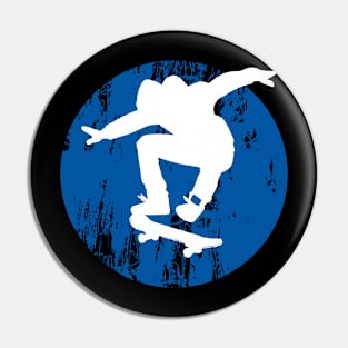 Grunge Urban Skateboarder Graffiti Style - White Silhouette with Blue Background Pin