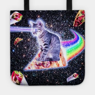 Laser Eyes Space Cat Riding Rainbow Pizza Tote