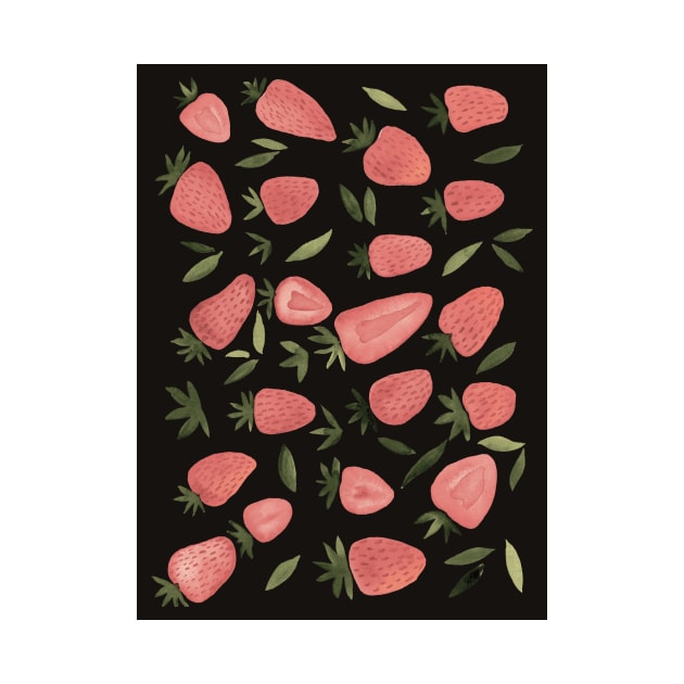 Watercolors strawberries - dusty pink on dark background by wackapacka