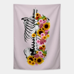 Floral Botanical anatomy, rib cage, pelvis, sunflowers, daisy, skeleton Tapestry