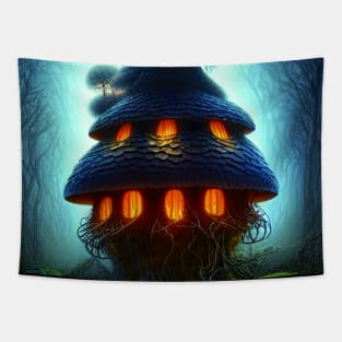 Magical Big Cottage Mushroom House with Lights in Forest with High Trees, Mushroom Aesthetic Tapestry