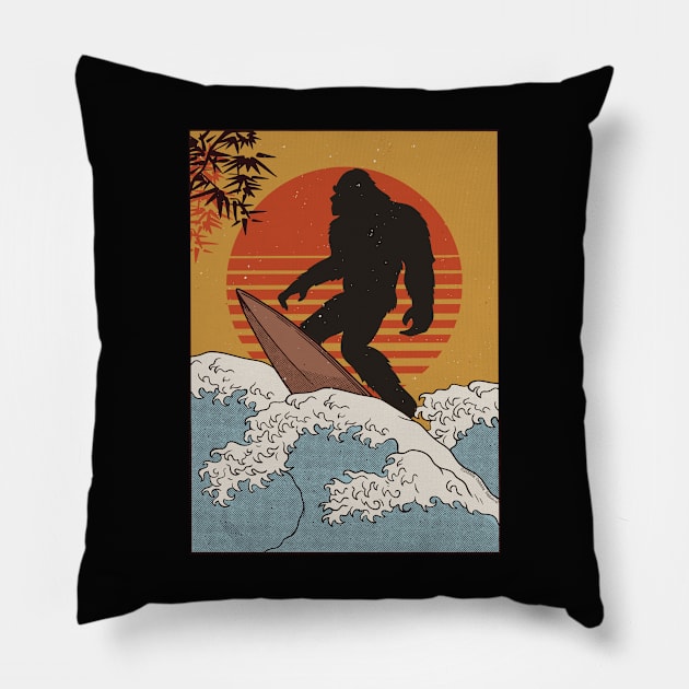 Japanese Vintage Kanagawa Art - Surfing Bigfoot Hanging Ten Pillow by Dibble Dabble Designs