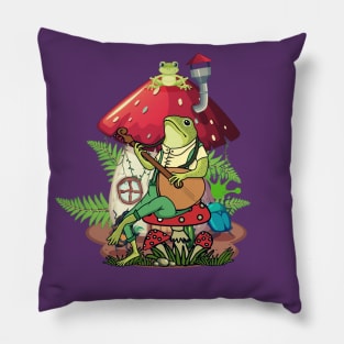 Frog sits on mushrooms and plays guitar, frog lover, mushrooms lovers Pillow