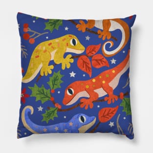 Colourful Christmas Geckos with Holly on Bright Blue Pillow