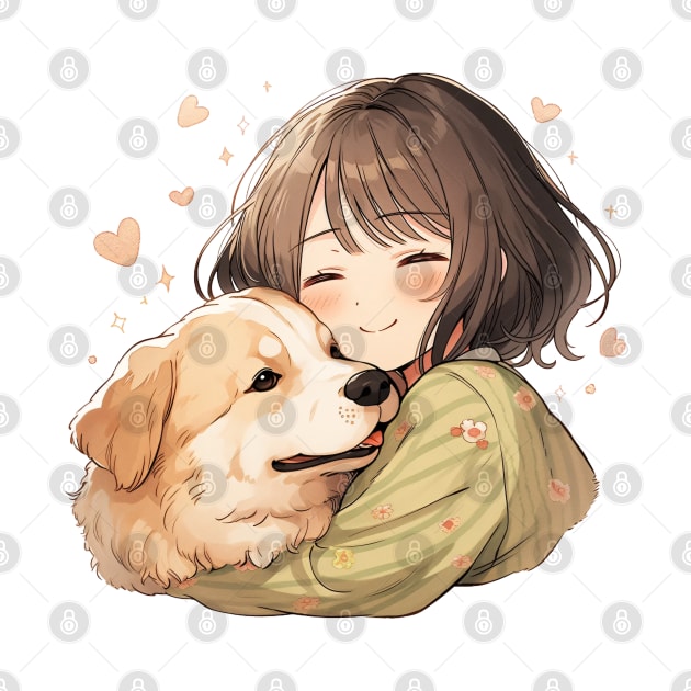 Cute Manga Girl Cuddling Dog by Retroprints