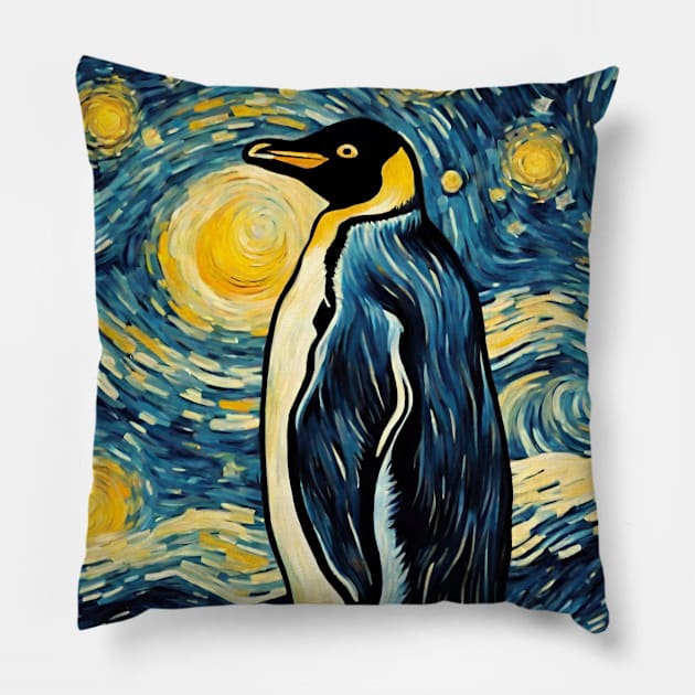 Cute Penguin Animal Painting in a Van Gogh Starry Night Art Style Pillow by Art-Jiyuu