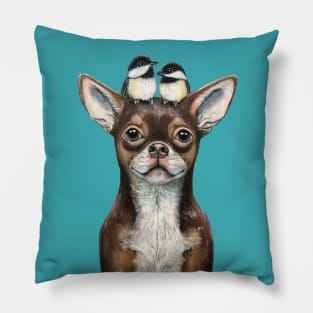 "Chihuahua & Chickadees" - Topped Dogs collection Pillow