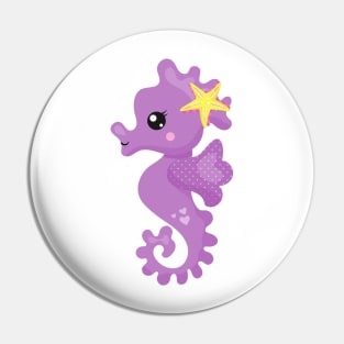 Cute Seahorse, Purple Seahorse, Starfish, Hearts Pin