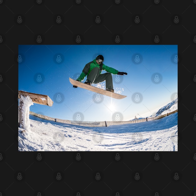 Snowboarder jumping against blue sky by homydesign