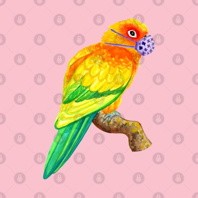 Sun Conure Parrot Wearing Face Mask Watercolor by IvyLilyArt