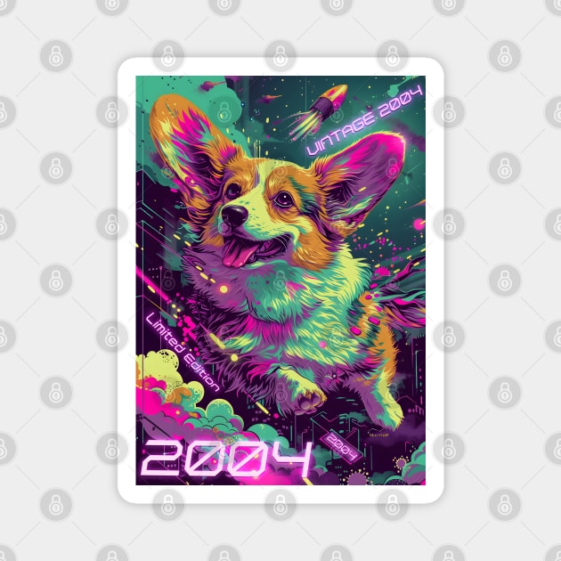 Vintage 2004 - 20 Year Old Funny Cyberpunk Corgi Dog 20th Birthday Gift Magnet by Ai Wanderer