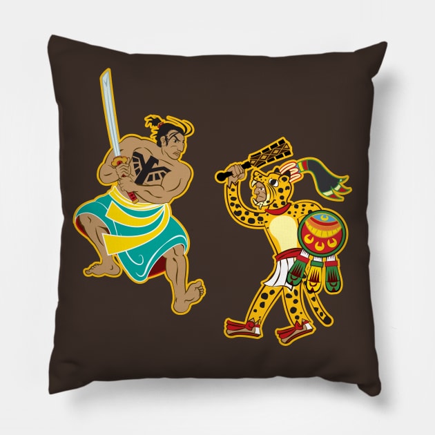 Aztec Samurai vs Jaguar Warrior Pillow by mredthefed