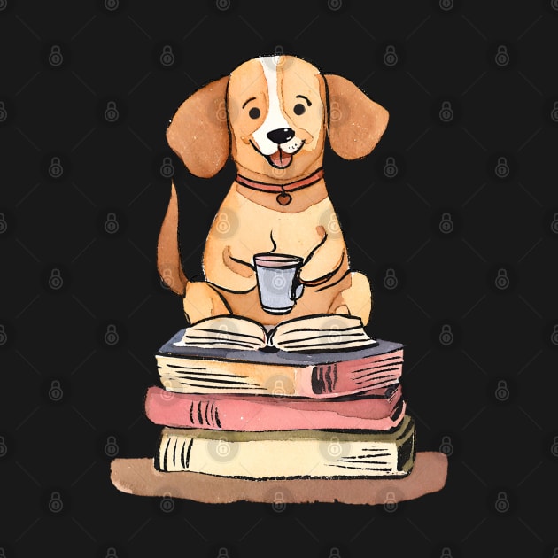 Cute Watercolor Books and Coffee and Dogs by FarmOfCuties