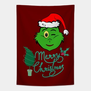 Cute Santa - Green Elf - Merry Christmas Tapestry