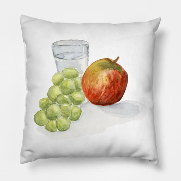 Red Apple, Green Grapes Painting Watercolor Glass of Water, Still life Painting, Art Kitchen Wall Art Pillow by EugeniaAlvarez