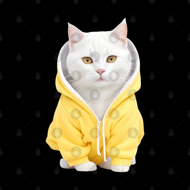 Beautiful white british shorthair wearing yellow hoodie by Luckymoney8888