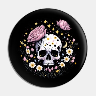 Skull and flowers starry night moon and daisies Pin