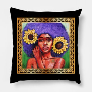 Beautiful African Woman with Sun Flowers Pillow