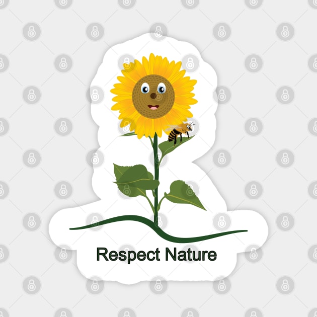 Sunflower cartoon with bee on the leaves Magnet by GiCapgraphics