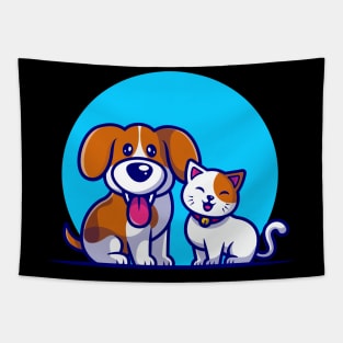 Cute Dog And Cat Friend Cartoon Illustration Tapestry