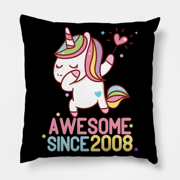 Awesome Since 2008 Dabbing Unicorn 12th Birthday Gift Pillow by BeHappy12